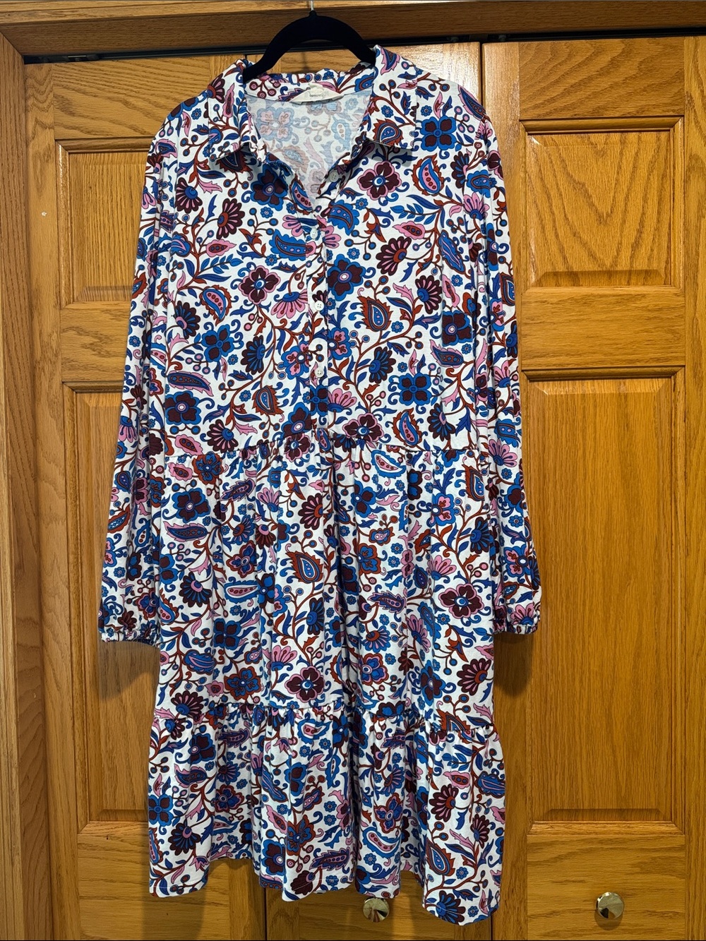 Boden Floral Long Sleeve Tiered Shirt Dress — White, Blue, Burgundy